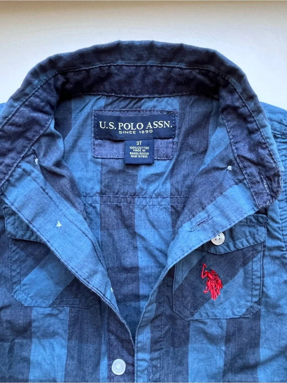U.S. Polo Assn. Boys Blue Plaid Shirt with Red Logo 3T